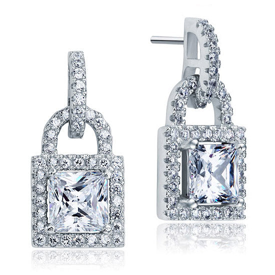 Simulated Diamond Dangle Drop Key Lock Sterling 925 Silver Earrings
