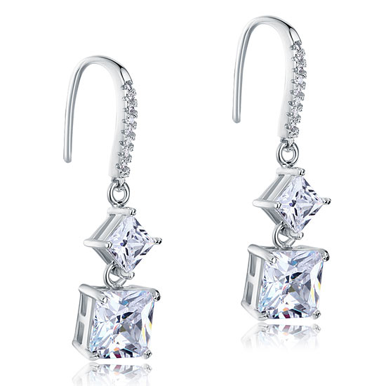 2 Carat Princess Cut Simulated Diamond Dangle Drop 925 Sterling Silver Earrings