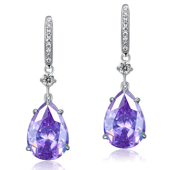 Purple Pear Simulated Sapphire 925 Sterling Silver Dangle Hook Earrings