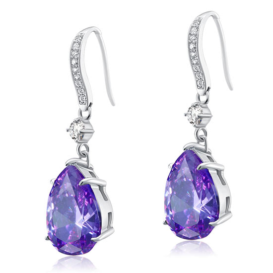 Purple Pear Simulated Sapphire 925 Sterling Silver Dangle Hook Earrings