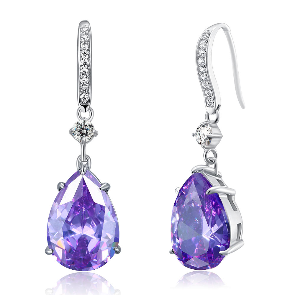 Purple Pear Simulated Sapphire 925 Sterling Silver Dangle Hook Earrings