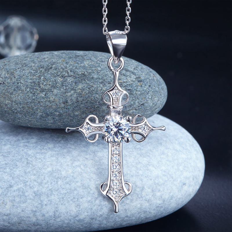925 Sterling Silver Cross Pendant Necklace Round Cut Simulated Diamond Jewelry