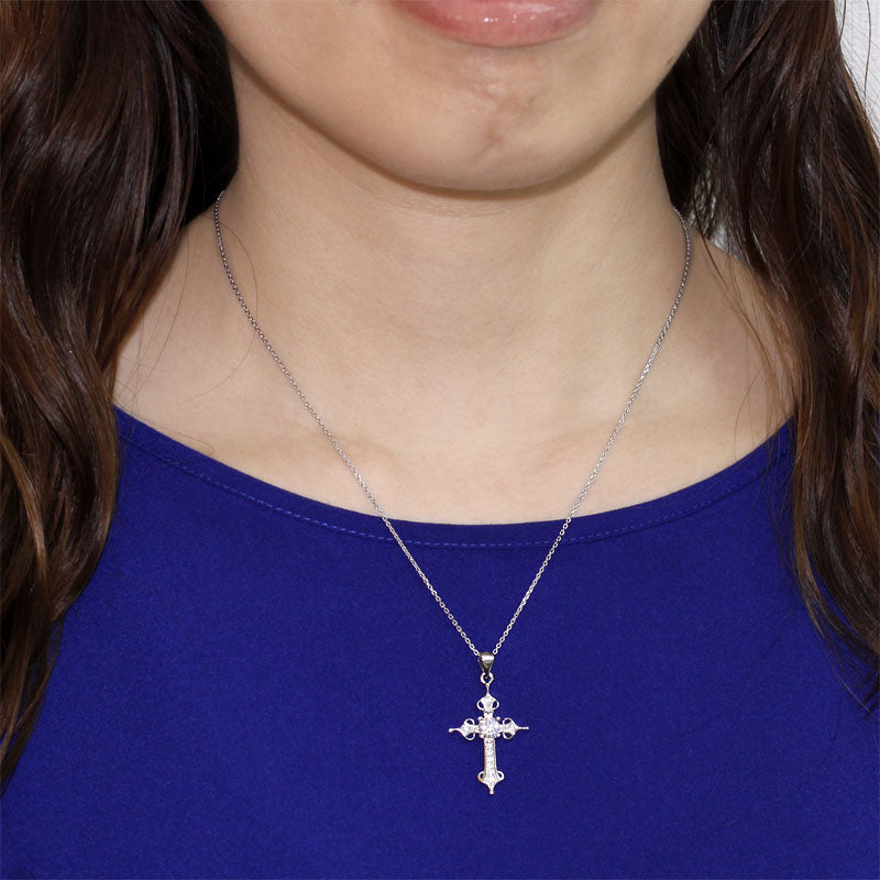 925 Sterling Silver Cross Pendant Necklace Round Cut Simulated Diamond Jewelry