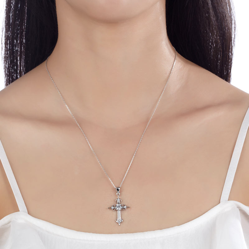 925 Sterling Silver Cross Pendant Necklace Round Cut Simulated Diamond Jewelry