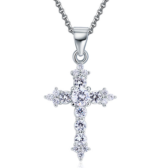 Round Cut Simulated Diamond 925 Sterling Silver Cross Pendant Necklace