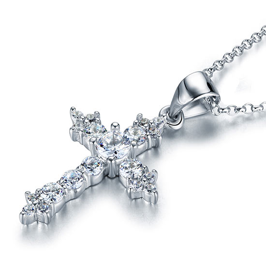 Round Cut Simulated Diamond 925 Sterling Silver Cross Pendant Necklace