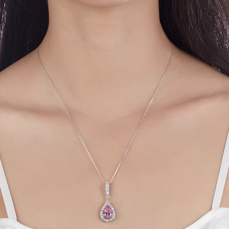 925 Sterling Silver Fashion Bridesmaid Pink Pendant Necklace Bridal Wedding Tear Drop