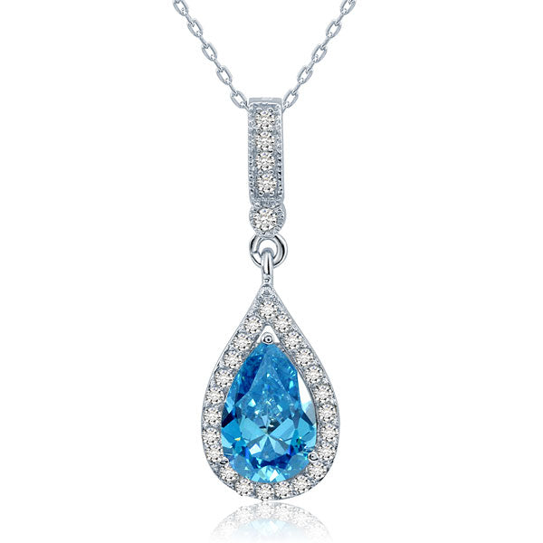 925 Sterling Silver Fashion Bridesmaid Blue Pendant Necklace Bridal Wedding Tear Drop
