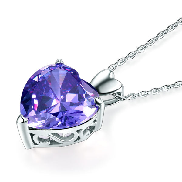 925 Sterling Silver Heart Pendant Necklace 5 Carat Purple Bridal Jewelry