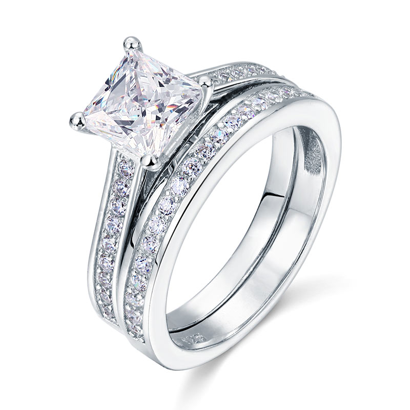 1.5 Carat Princess Cut Simulated Diamond 925 Sterling Silver 2-Pcs Wedding Engagement Ring Set