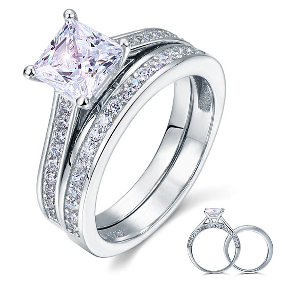 1.5 Carat Princess Cut Simulated Diamond 925 Sterling Silver 2-Pcs Wedding Engagement Ring Set