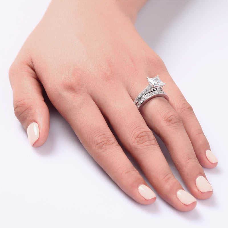 1.5 Carat Princess Cut Simulated Diamond 925 Sterling Silver 2-Pcs Wedding Engagement Ring Set