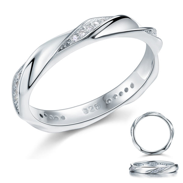 Simulated Diamond Solid Sterling 925 Silver Twist Ring