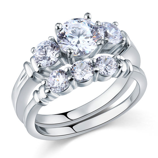 Simulated Diamond 2-Pc Solid Sterling 925 Silver Ring Set