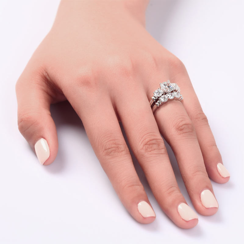 Simulated Diamond 2-Pc Solid Sterling 925 Silver Ring Set