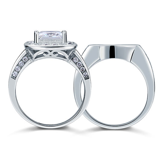Vintage Style 2 Carat Simulated Diamond Solid Sterling 925 Silver 2-Pc Bridal Wedding Engagement Ring Set