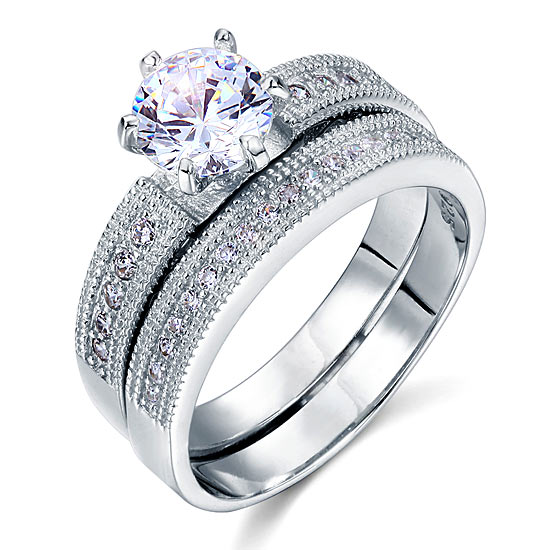 Vintage Style 1.25 Solitaire Simulated Diamond Solid Sterling 925 Silver 2-Pc Bridal Wedding Engagement Ring Set