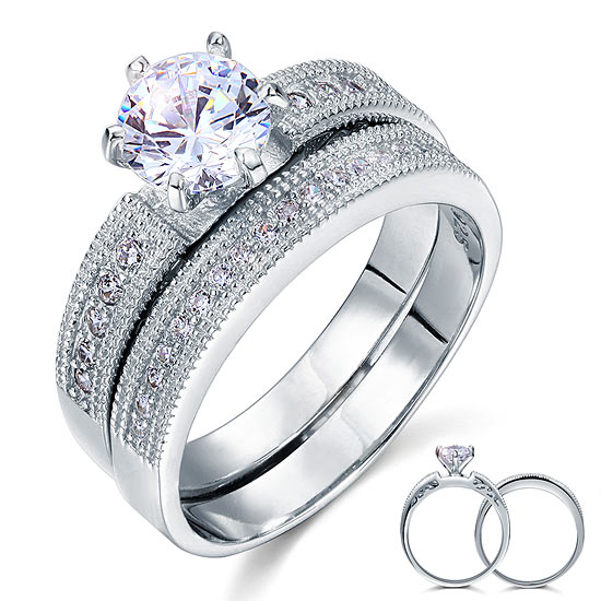 Vintage Style 1.25 Solitaire Simulated Diamond Solid Sterling 925 Silver 2-Pc Bridal Wedding Engagement Ring Set