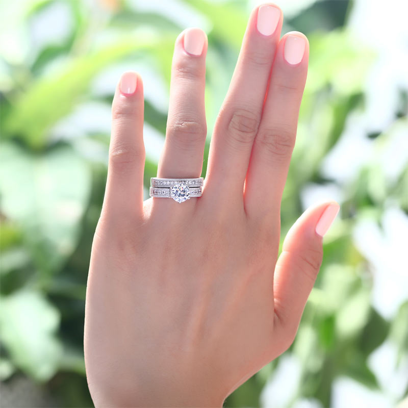 Vintage Style 1.25 Solitaire Simulated Diamond Solid Sterling 925 Silver 2-Pc Bridal Wedding Engagement Ring Set