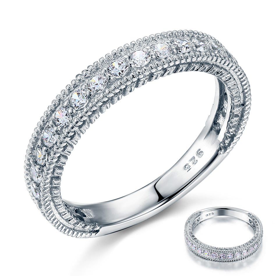 Vintage Style Art Deco Simulated Diamond Solid Sterling 925 Silver Band Wedding Eternity Ring
