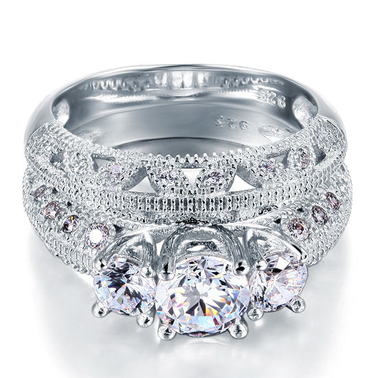 Vintage Style Victorian Art Deco 1.5 Carat Simulated Diamond Solid Sterling 925 Silver 2-Pcs Wedding Engagement Ring Set