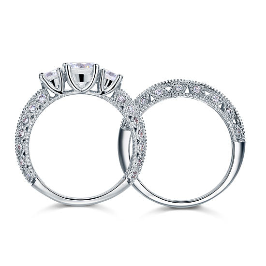 Vintage Style Victorian Art Deco 1.5 Carat Simulated Diamond Solid Sterling 925 Silver 2-Pcs Wedding Engagement Ring Set