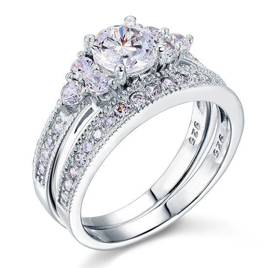 Vintage Style 1 Carat Simulated Diamond Solid Sterling 925 Silver 2-Pc Wedding Engagement Ring Set