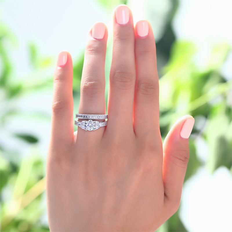 Vintage Style 1 Carat Simulated Diamond Solid Sterling 925 Silver 2-Pc Wedding Engagement Ring Set
