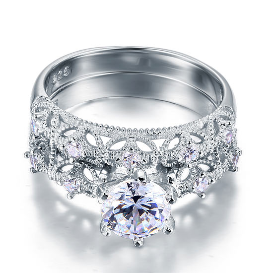 Vintage Style Victorian Art Deco 1.25 Carat Simulated Diamond Solid Sterling 925 Silver 2-Pcs Wedding Engagement Ring Set