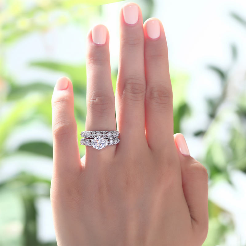 Vintage Style Victorian Art Deco 1.25 Carat Simulated Diamond Solid Sterling 925 Silver 2-Pcs Wedding Engagement Ring Set