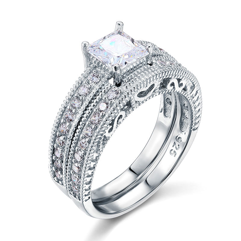 Vintage Style Victorian Art Deco 1 Carat Simulated Diamond Solid Sterling 925 Silver 2-Pc Wedding Engagement Ring Set
