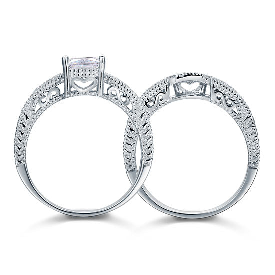 Vintage Style Victorian Art Deco 1 Carat Simulated Diamond Solid Sterling 925 Silver 2-Pc Wedding Engagement Ring Set
