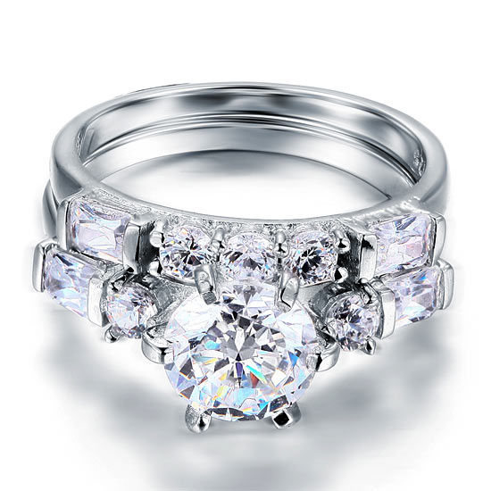 Vintage Style 2 Carat Simulated Diamond Solid Sterling 925 Silver 2-Pc Wedding Engagement Ring Set