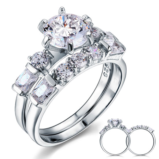 Vintage Style 2 Carat Simulated Diamond Solid Sterling 925 Silver 2-Pc Wedding Engagement Ring Set