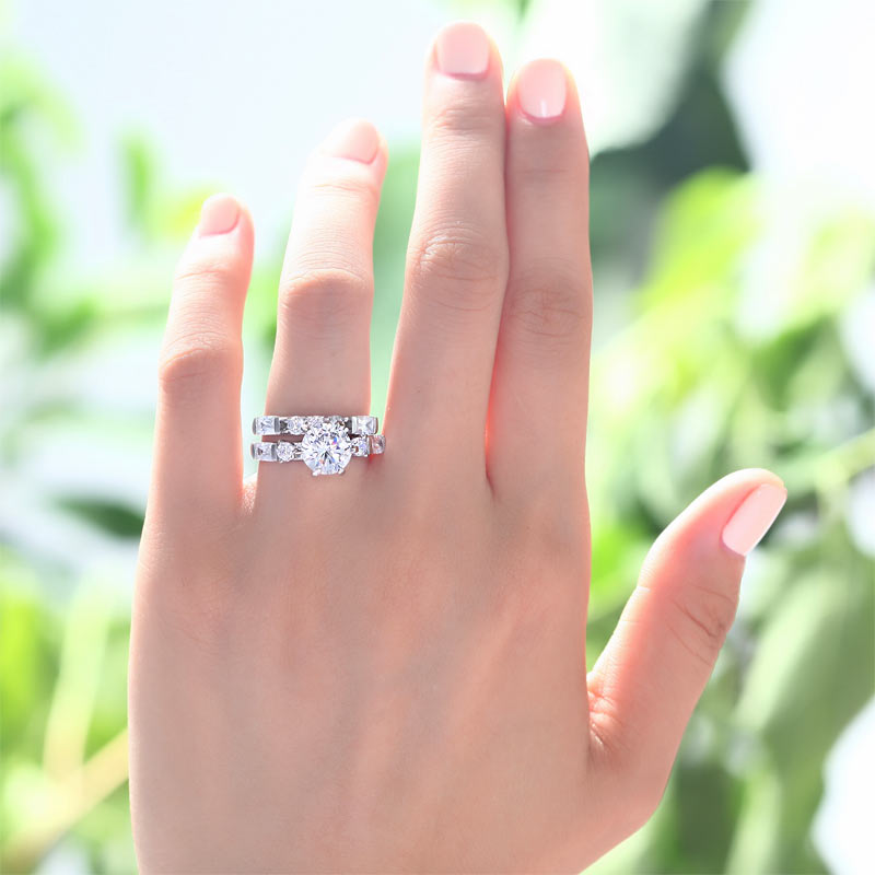 Vintage Style 2 Carat Simulated Diamond Solid Sterling 925 Silver 2-Pc Wedding Engagement Ring Set
