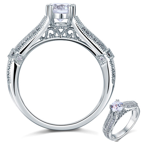 Vintage Style 1 Carat Simulated Diamond Solid 925 Sterling Silver Bridal Wedding Engagement Ring Jewelry