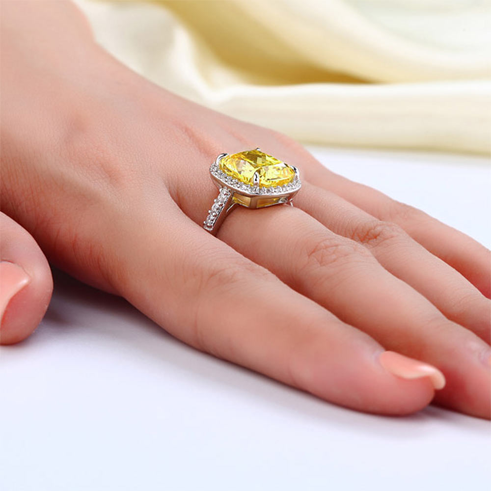 Solid 925 Sterling Silver Luxury Engagement Ring 6 ct Cushion Cut Yellow Canary Simulated Diamante Jewelry