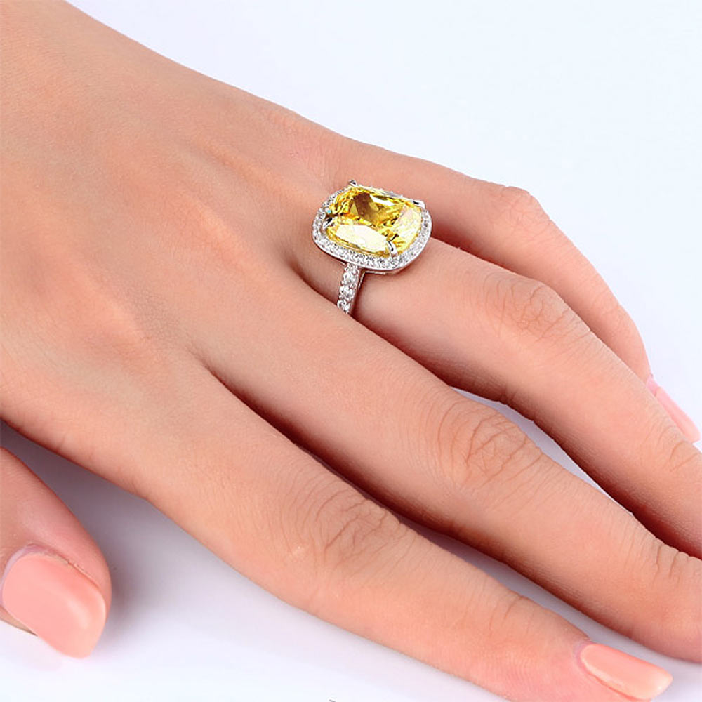 Solid 925 Sterling Silver Luxury Engagement Ring 6 ct Cushion Cut Yellow Canary Simulated Diamante Jewelry