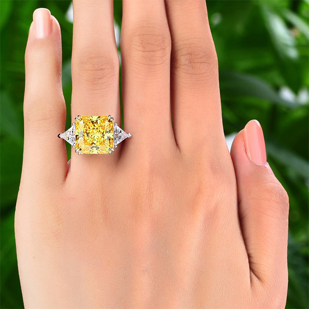 Solid 925 Sterling Silver Three-Stone Luxury Ring 8 Carat Yellow Canary Simulated Diamond