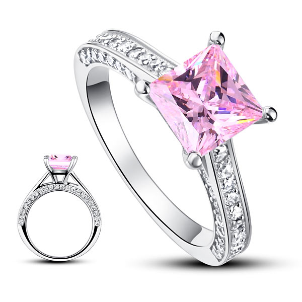 1.5 Carat Princess Cut Fancy Pink Simulated Diamond 925 Sterling Silver Wedding Engagement Ring