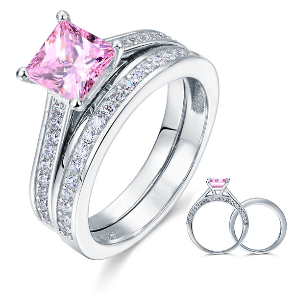 1.5 Carat Princess Cut 2-Pc Fancy Pink Simulated Diamond 925 Sterling Silver Wedding Engagement Ring Set