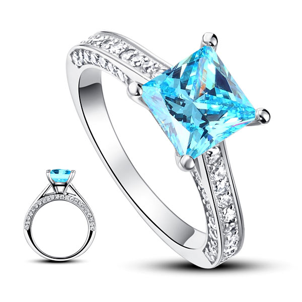 1.5 Carat Princess Cut Fancy Blue Simulated Diamond 925 Sterling Silver Wedding Engagement Ring