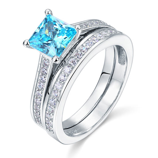 1.5 Carat Princess Cut 2-Pcs Fancy Blue Simulated Diamond 925 Sterling Silver Wedding Engagement Ring Set