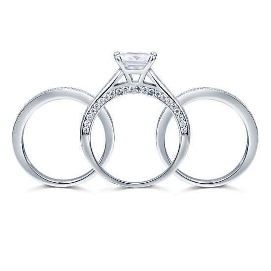 925 Sterling Silver 3 Pcs Wedding Engagement Ring Set Simulated Diamond