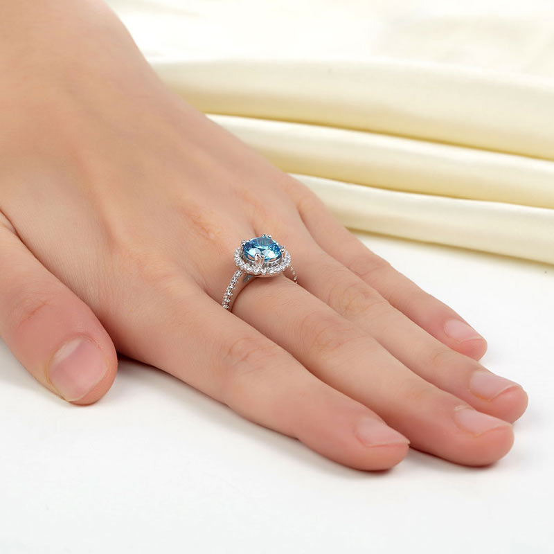925 Sterling Silver Wedding Engagement Halo Ring 2 Carat Fancy Blue Simulated Diamond