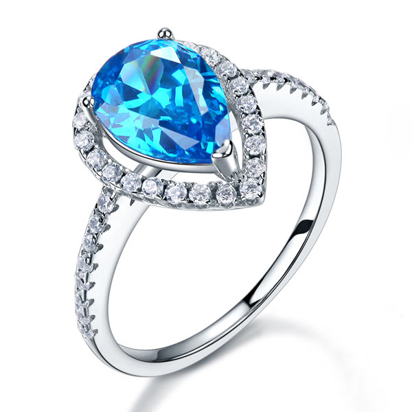 Sterling 925 Silver Wedding Engagement Ring Pear Blue Simulated Diamond Jewelry