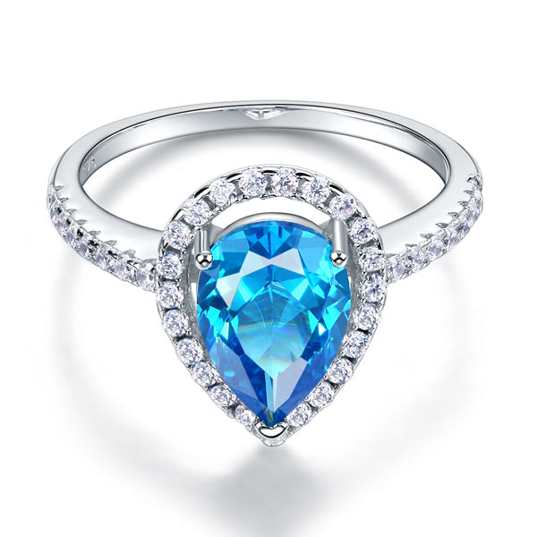 Sterling 925 Silver Wedding Engagement Ring Pear Blue Simulated Diamond Jewelry