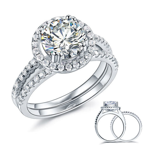925 Sterling Silver Wedding Halo Ring Set 2 Carat Simulated Diamond