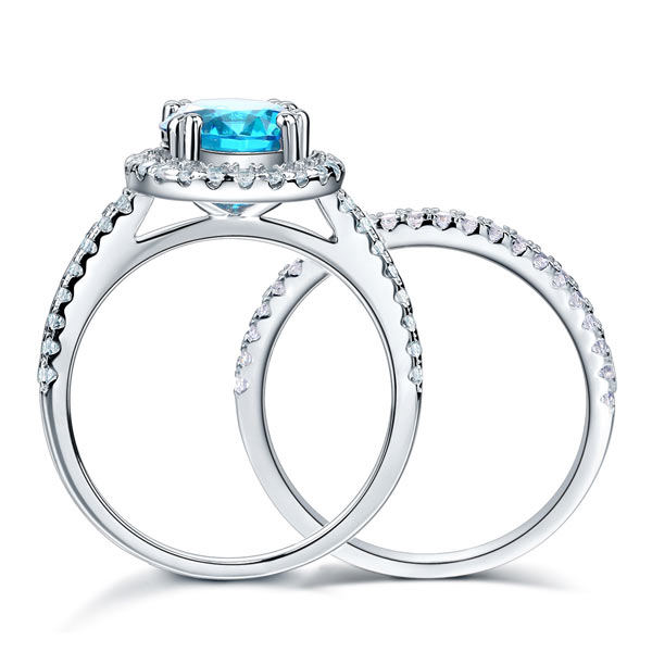 925 Sterling Silver Wedding Engagement Halo Ring Set 2 Carat Blue Simulated Diamond