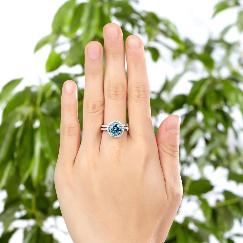 925 Sterling Silver Wedding Engagement Halo Ring Set 2 Carat Blue Simulated Diamond